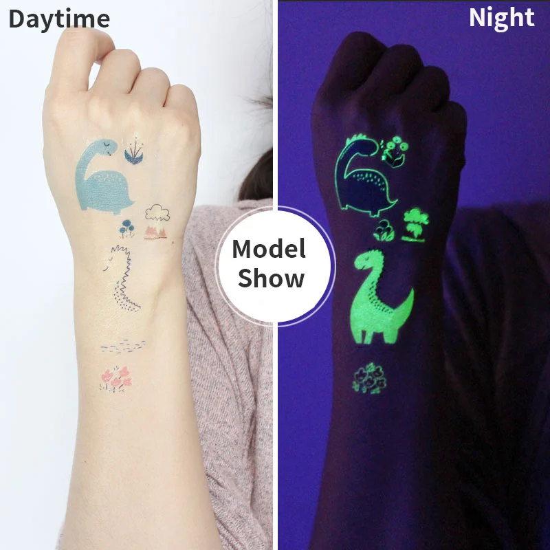 10 枚の光る恐竜タトゥーステッカー グリーンナイトグロー漫画恐竜ティラノサウルスレックス翼竜防水一時的な