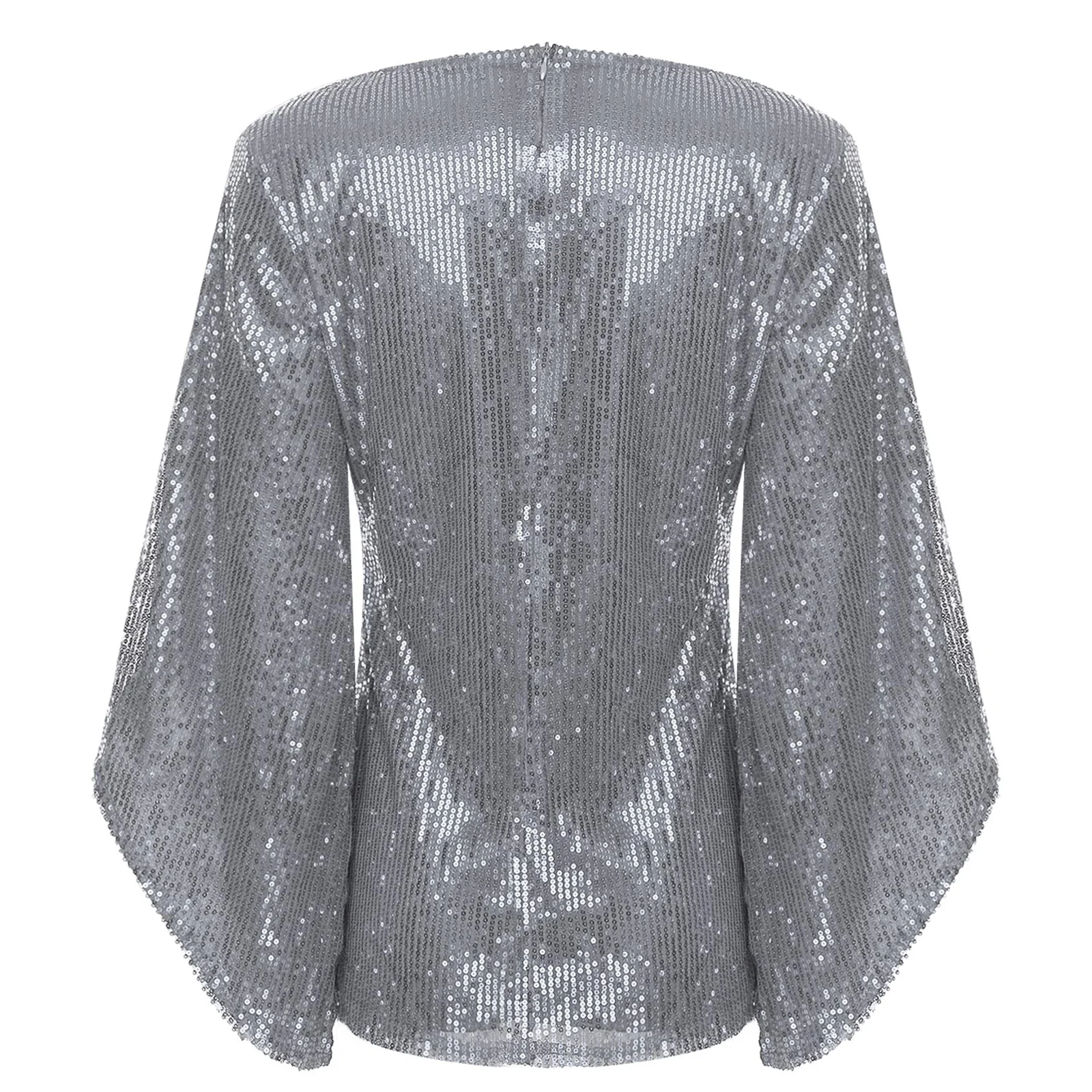 Women's Glittery Sequin Blouse V Neck Irregular 3/4 Flared Sleeves Fully Lined Pullover Shirt Tops for Cocktails Club Evenings
