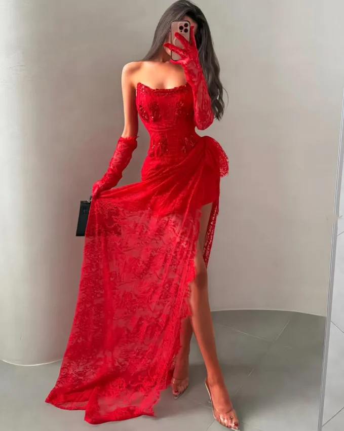 

Fiery Red Lace Formal Evening Dress Strapless Corset Arabic Birthday Dress for Women Asymmetric Party Prom Dress 2026 Customized