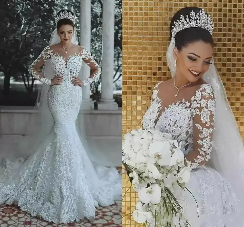 Vestidos de novia de sirena de manga larga, preciosos y románticos personalizados, vestido de novia de princesa de encaje con cuentas, apliques hechos a medida