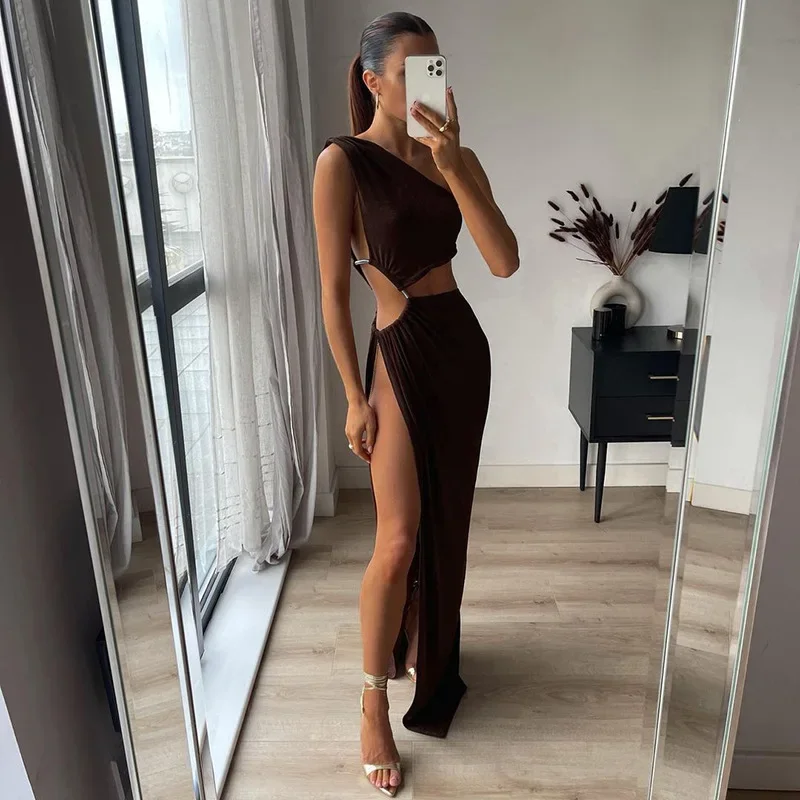 Frauen Persönlichkeit Mode aushöhlen hoch geteilte figur betonte Kleid sexy elegante schräge Schulter Party Club lange Kleider