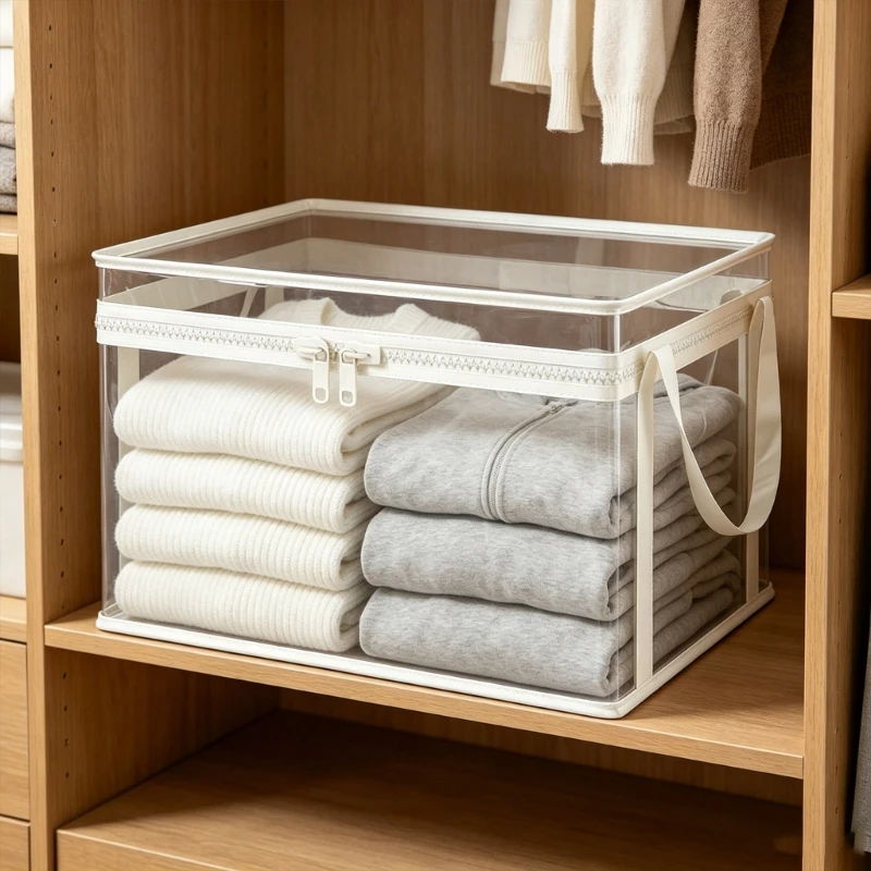 Clear Storage Bins 3 Piece Set with Zippered Covers and Carry Handles for Visible Bedroom Closet Household Storage KXRE