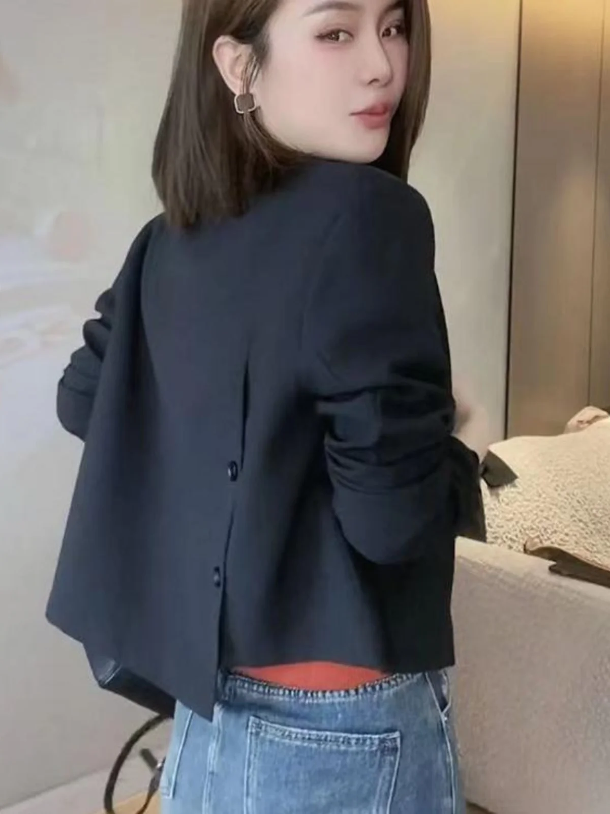 

Women's Bla Suit Jaet Spring Autumn Korean Sle Casual ort Length Polyester Fiber Long Sve Double Breasted Coat