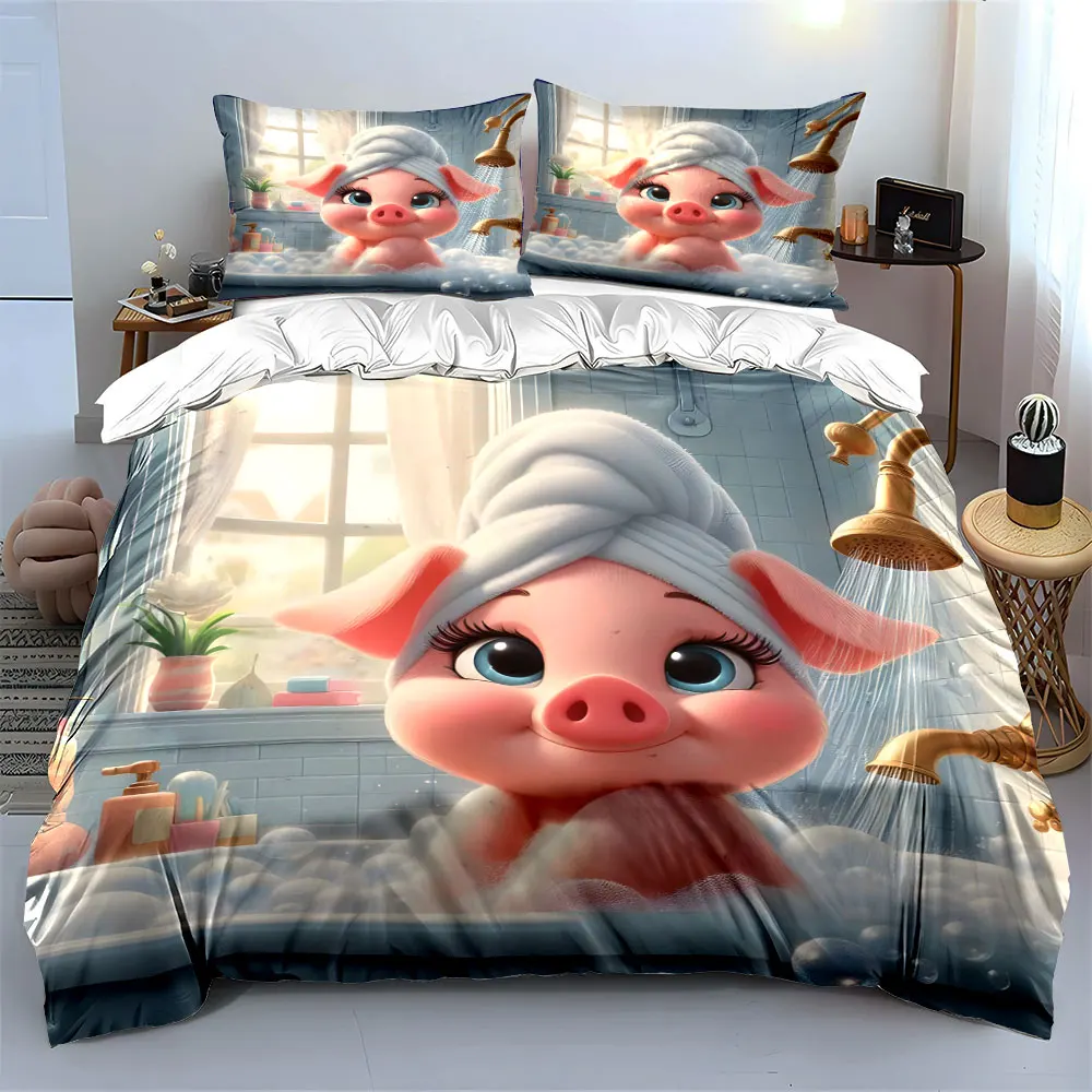 Cute Cartoon Pig in Bubble Bath Scene Print Bedding Set 1Duvet Cover 2Pillowcases for Adult and Children Luxury Gift Full Size