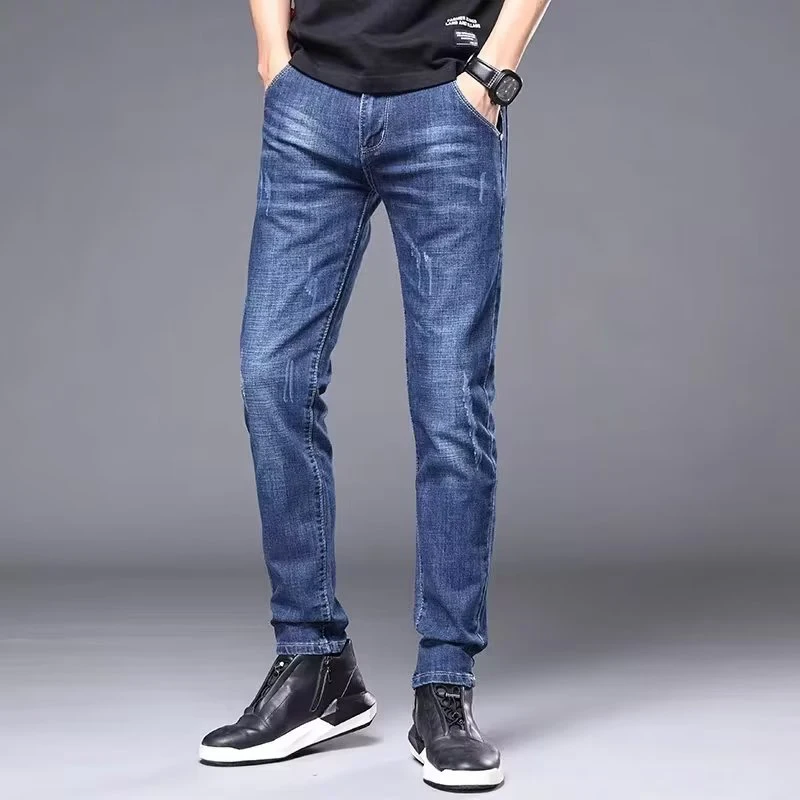 Pantalones vaqueros informales clásicos y elegantes para hombre, ropa para las cuatro estaciones, pantalones negros y azules, mallas de cintura media, pantalones de tela vaquera para hombre