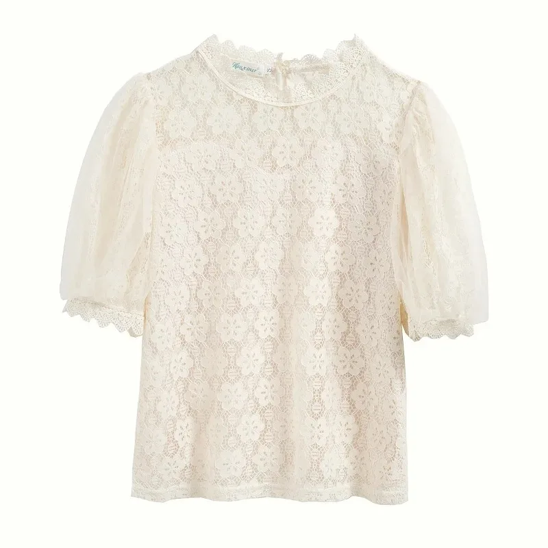 Elegant Short Puff Sleeve White Shirt for Women, Sweet Lace Blouse, Korean Stand Collar Tops, Summer Sweet Clothes, 27168