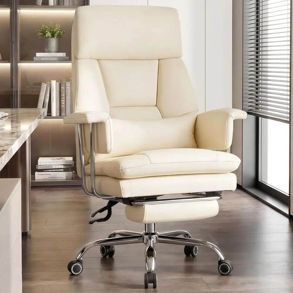 

Luxury High-Back PU Leather Office Chair with Adjustable Lumbar Support, Padded Arms, and Pillow, Beige