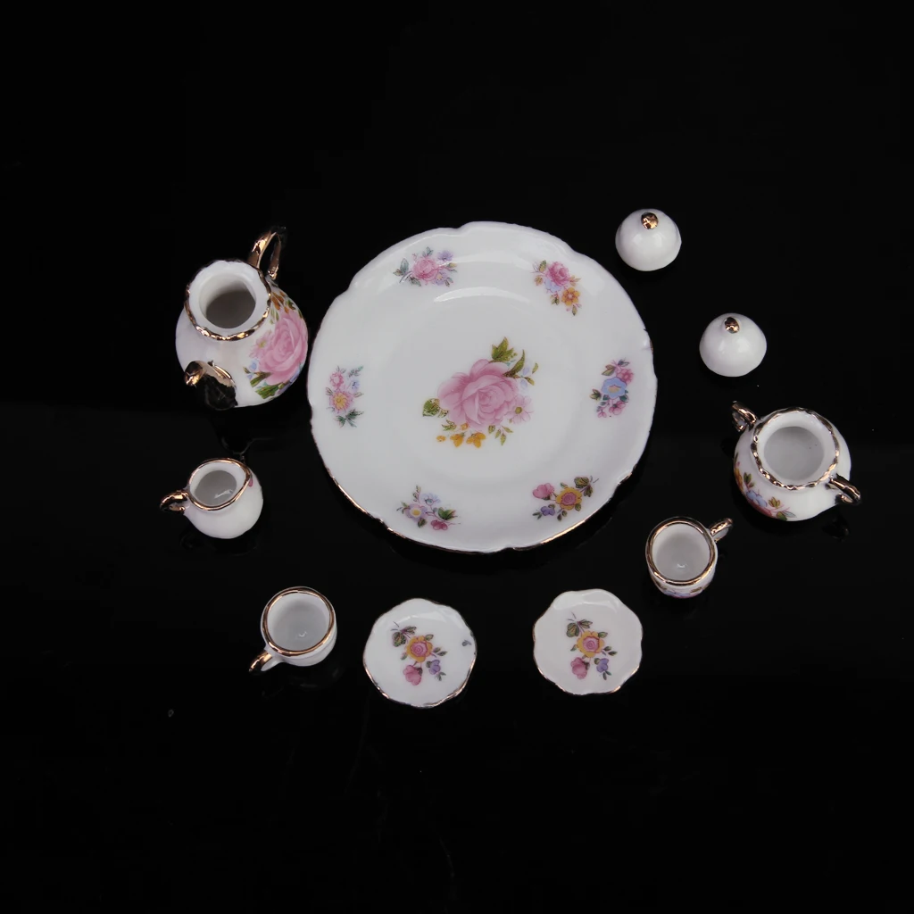 8Pcs Dolls House Miniatures Dining Ware Tea Set Dish Cup Plate Pink Rose