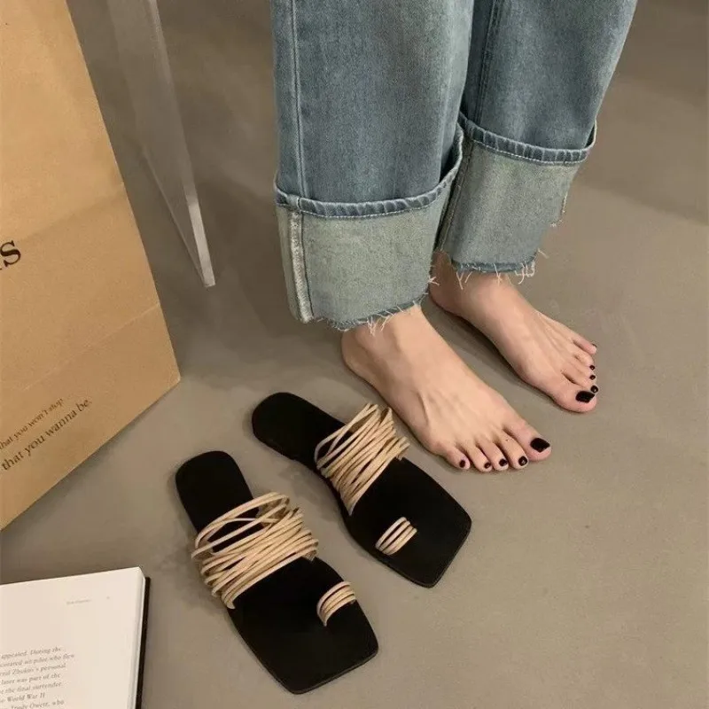 Zapatillas Mujer Elegant Casual Sandals Thin Band Simplicity Soft Sole Slippers SquareToe Open-toe Women Shoe Flat Beach Sandals