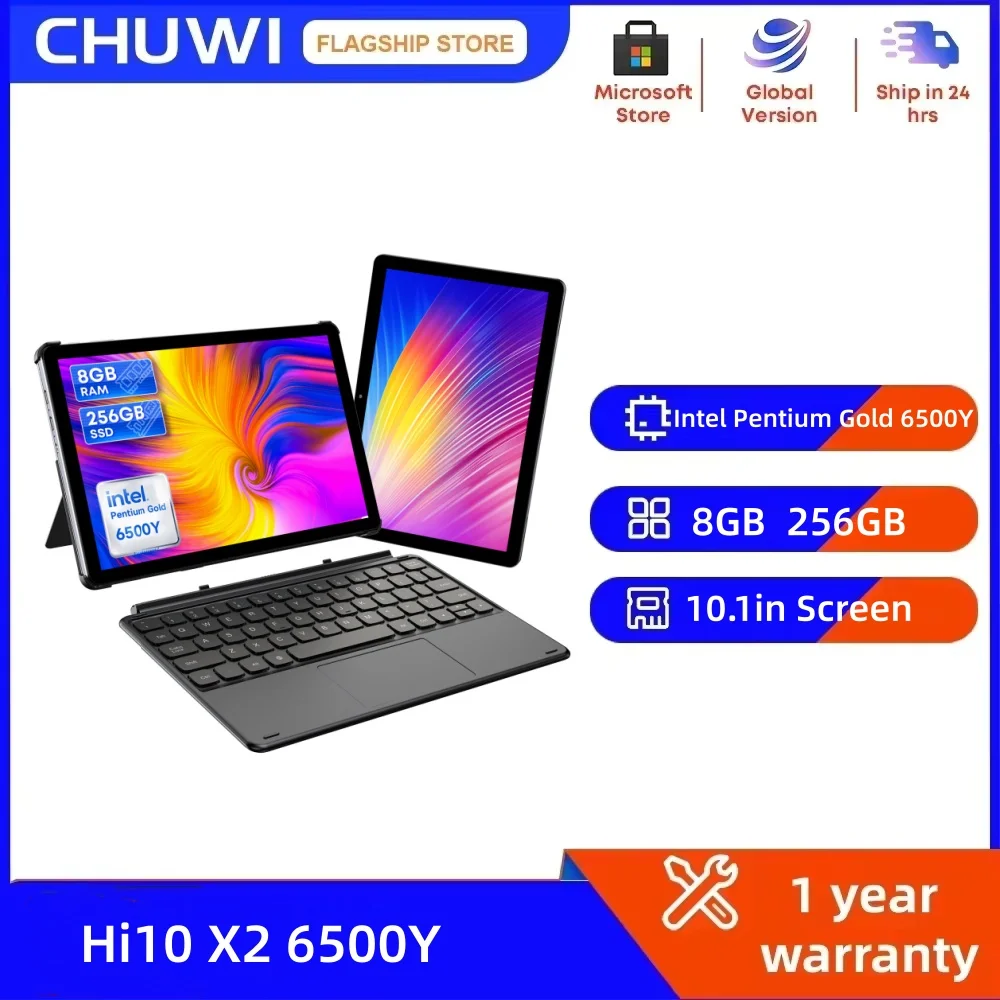 CHUWI Hi10 X2 2 In 1 Tablet 10.1inch Display Intel Pentium Gold 6500Y Processor LPDDR3 8GB RAM 256GB SSD Windows 11 Tablets PC