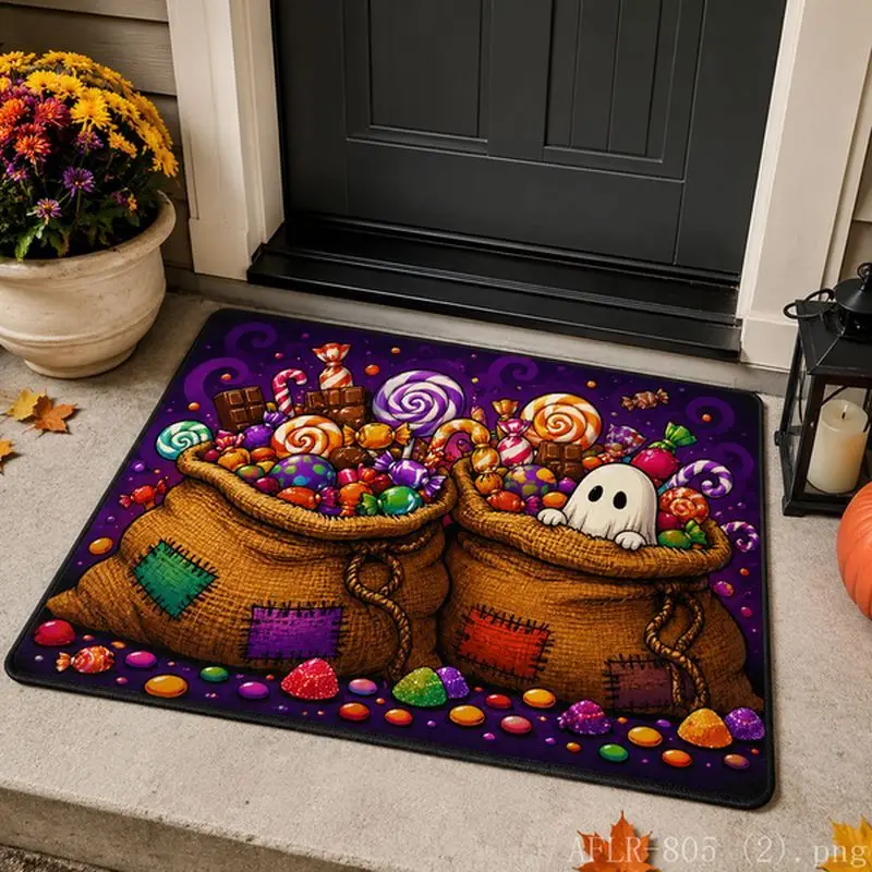 Halloween Crow Pumpkin Moon Cemetery Door Mat, Spooky Non-Slip Floor Rug, Aesthetic Entryway Carpet, Vintage Home Decor