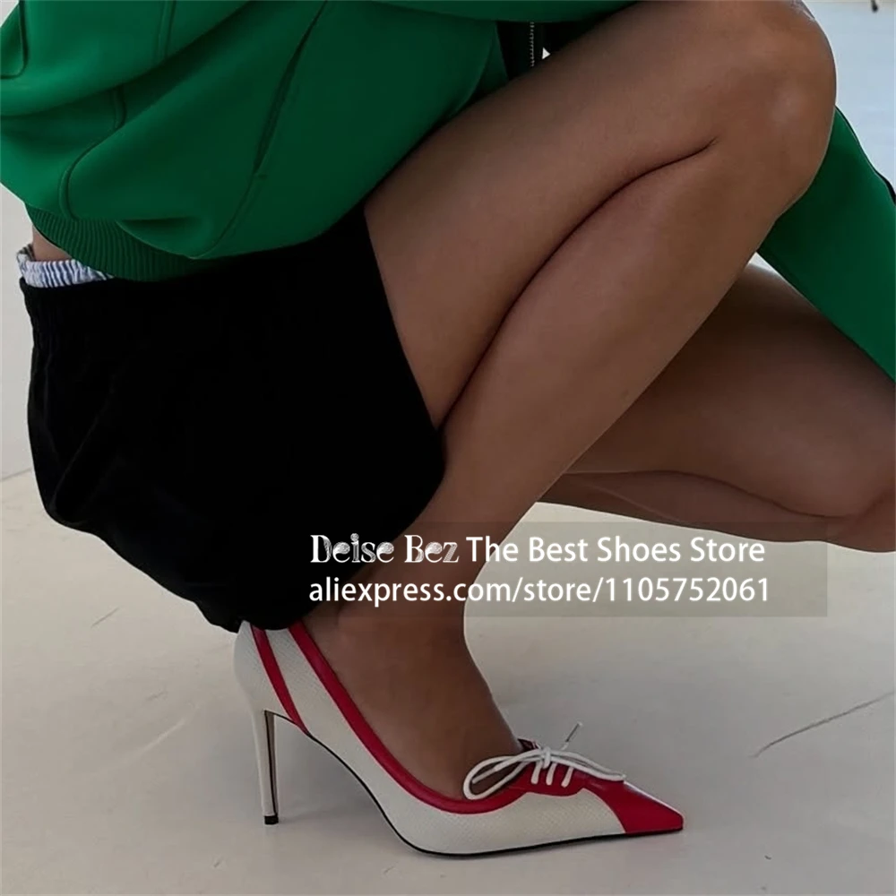 Sporty Pointed Toe Stiletto Pumps Color Block High Heel Women Shoes White Red Contrast Splicing Perforated Breathable Stilettos