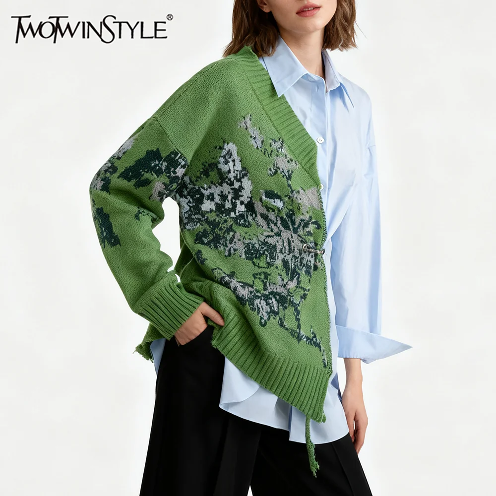 

TWOTWINSTYLE Hit Color Loose Spliced Knit Irregular Shirts for Women Lapel Long Sleeves Design Sense Shirt Female Autumn Clothes