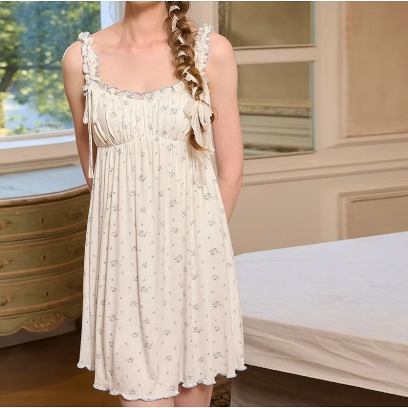 Contrasting Color Edge Princess Style Chest Pad Modal Small Floral Suspender Nightdress Elastic and Thin Fresh Girl Loungewear