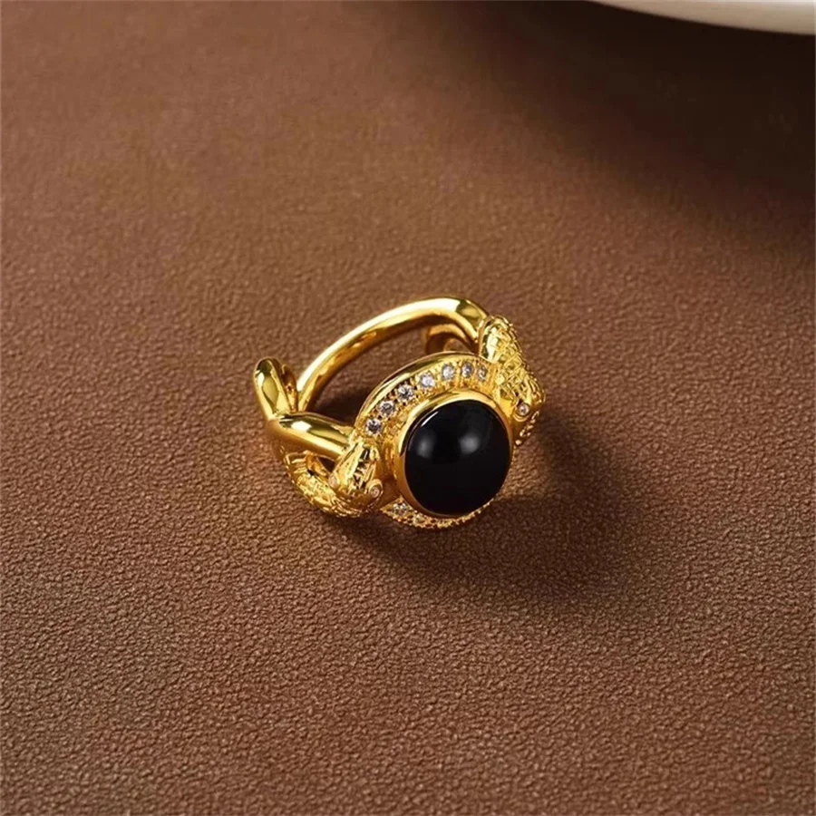 

French Gold Color Snake Patterned Black Agate Ring For Women's Light Luxury Niche High-End Vintage Gemstone Charm Fashion