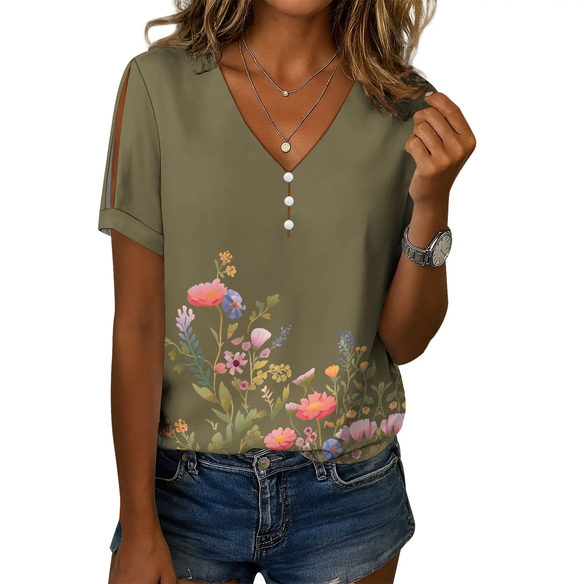 Boho-Oberteile für Damen, Leinenhemden, lässig, V-Ausschnitt, kurze Ärmel, Blumenmuster, elegante Sommer-T-Shirts