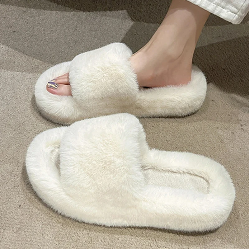 Crestar Women Thicken Plush Fur Slippers Lady Elegant Furry Comfortable Warm Indoor Slippers Thick Bottom Cozy Cotton Slippers