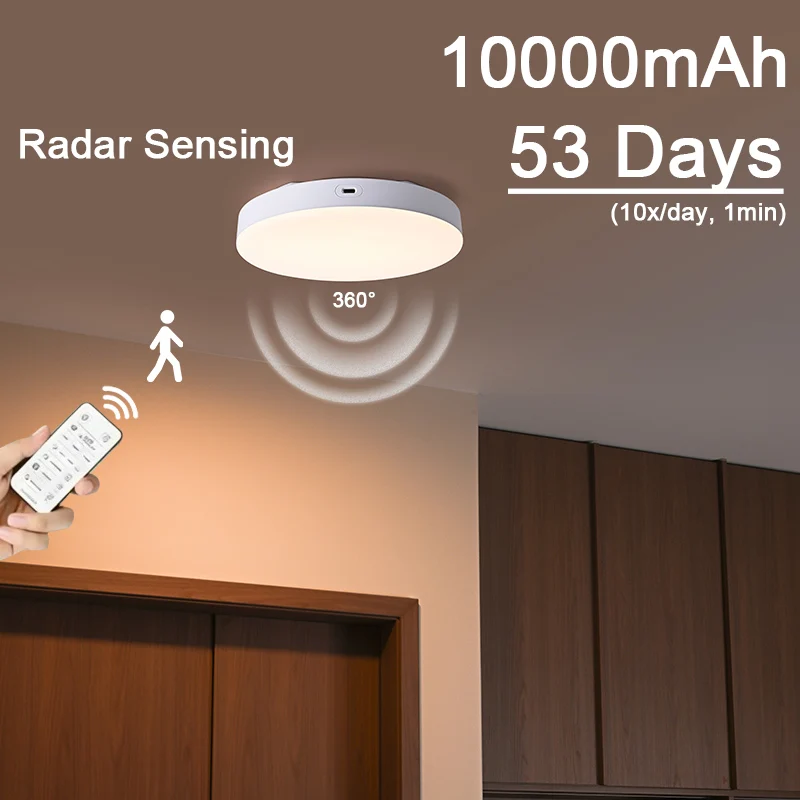 

10000mAh Rechargeable Radar Motion Sensor Ceiling Light No Wiring with Remote Wireless LED Light Always-on Mode for Storage Room