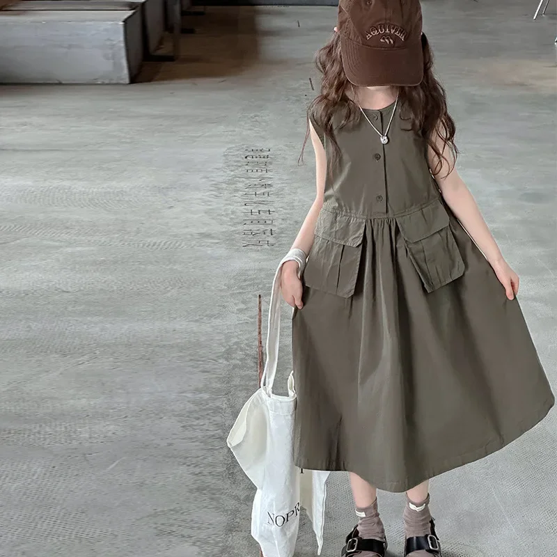 Girls Skirts 2024 Summer New Childrens Clothes Baby Girls Foreign Style Thin Sleeveless Large Pocket Cargo Dress Casual Simple image 3