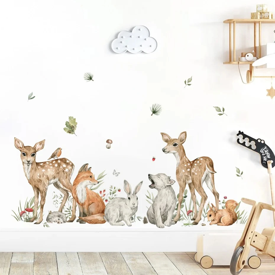 Watercolor Woodland Animals Wall Decals Fox Deer Bear Rabbit Jungle Wall Stickers for Nursery Room Baby's Room Wall Decor