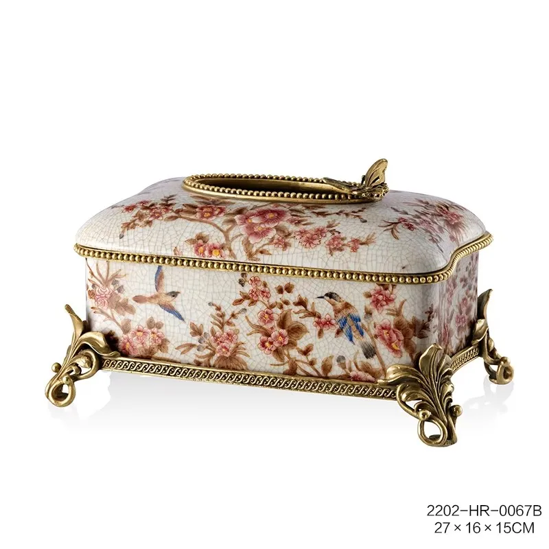 Exquisite copper with ceramic villa living room desktop decoration ornament waist-shaped drum cover tissue box