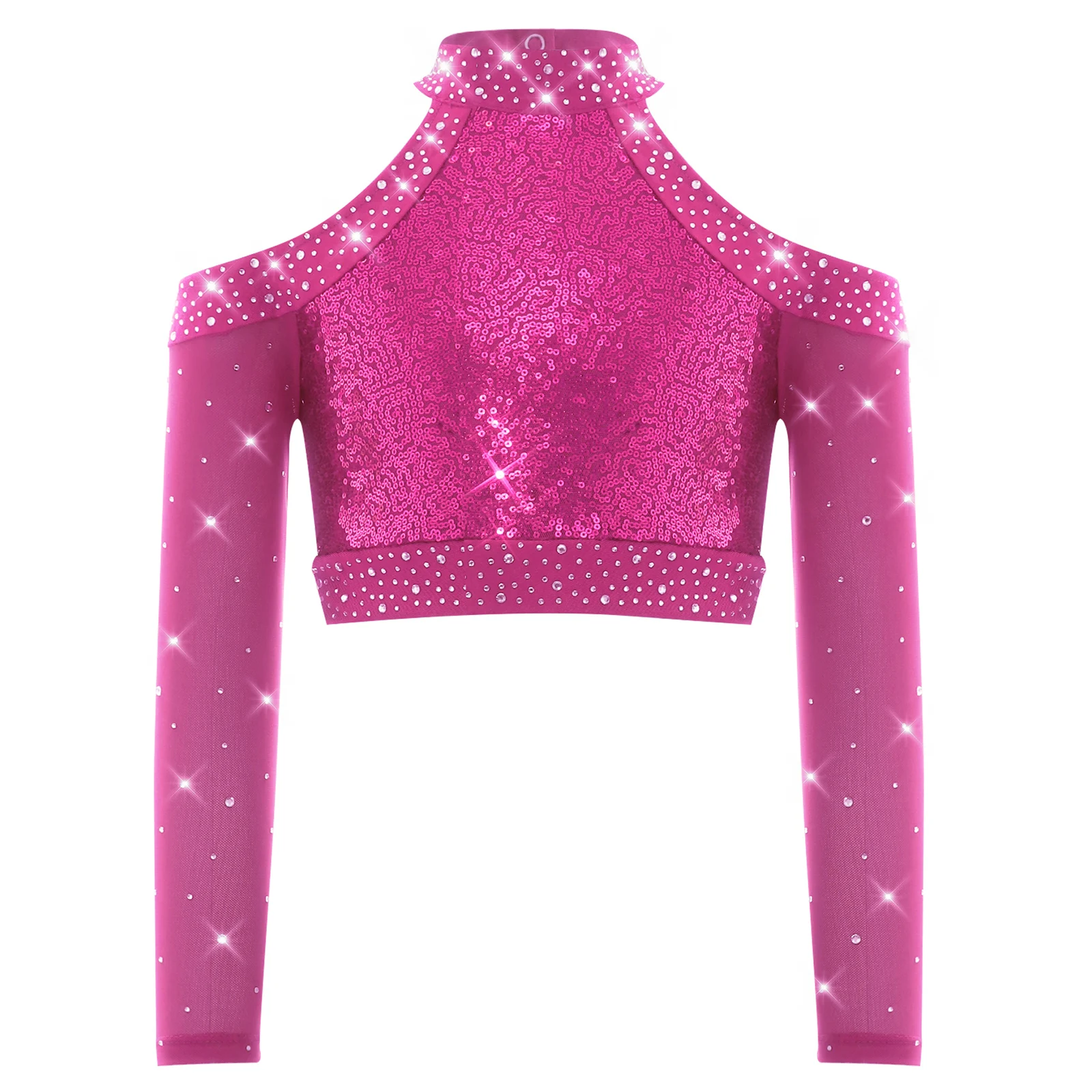 Fashion Children's T-shirts Streetwear Shiny Sequins Tops Jazz Dance Disco Costumes Kids Girls Hollow Out Long Sleeve Crop Top