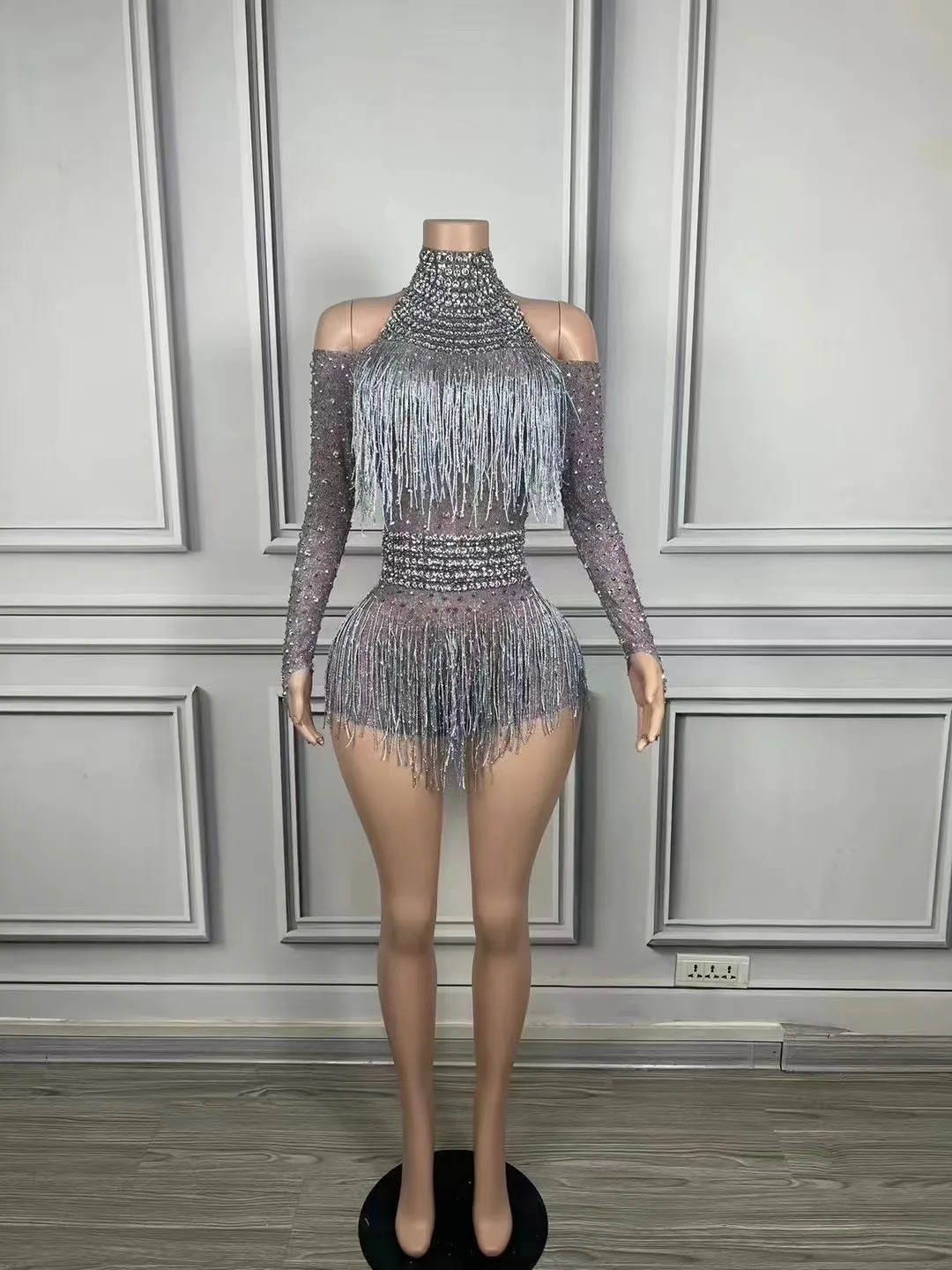 

Серый жилет с кисточками, приталенный костюм, модный клубный сценический костюм для пения на электронном музыкальном фестивале, выступление для латинских танцев