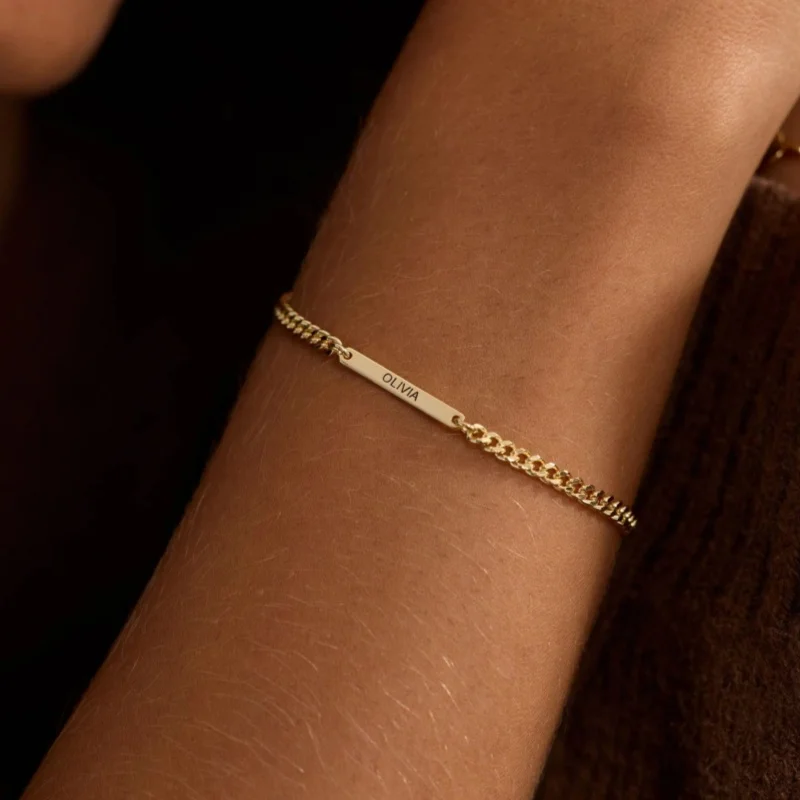 Personalized Custom Name Bar Bracelet for Women，304L Stainless Steel Curb Chain，Customized Jewelry Birthday Valentine Gift