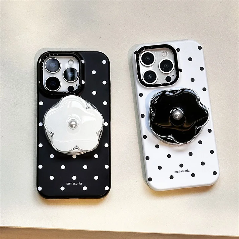 

Simple Polka Dot Magnetic Phone Case For iPhone 17 Pro 14 15 16 Pro Max Cover with Magsafe Stand Cute Flower Holder Cases Funda