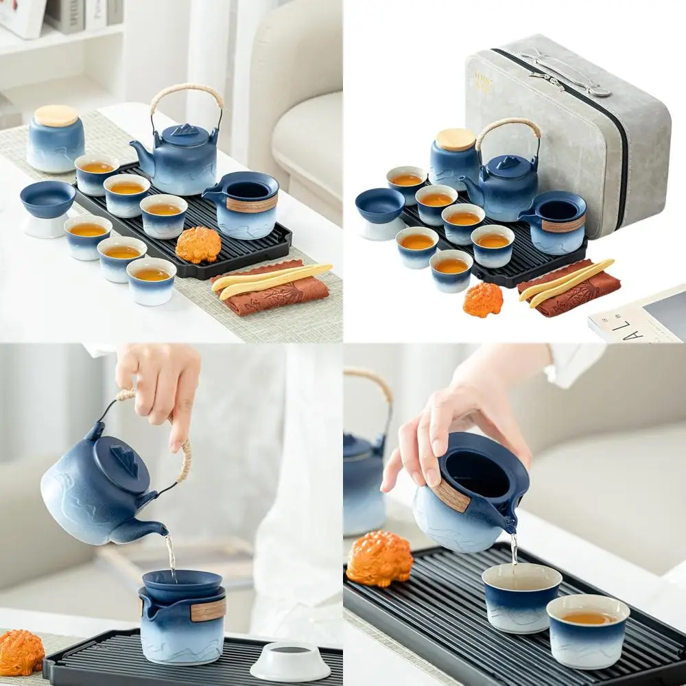 

15-Piece Porcelain Gongfu Tea Set for Adults, Japanese Style, Travel Tea Party Set, Ideal for Home, Office, Outdoor, Gifts (Blue