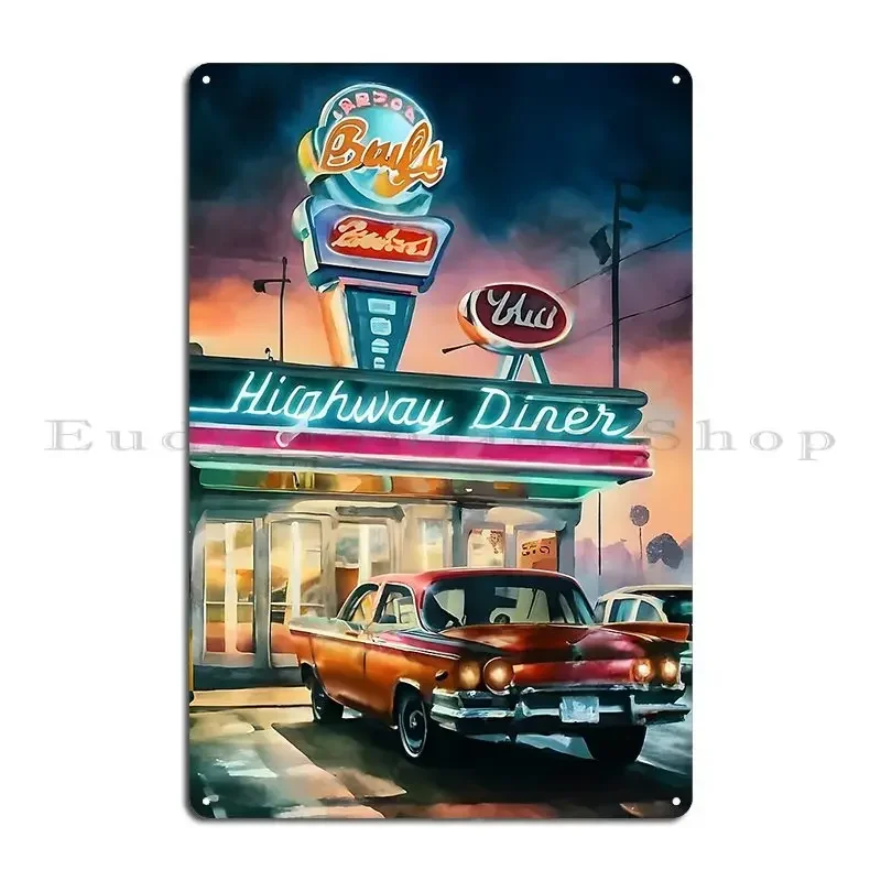 Sunset at Bert’s Vintage Car parked retro restaurant American Diner Scene 1950s Illustration Metal Create Club Bar Sign Poster