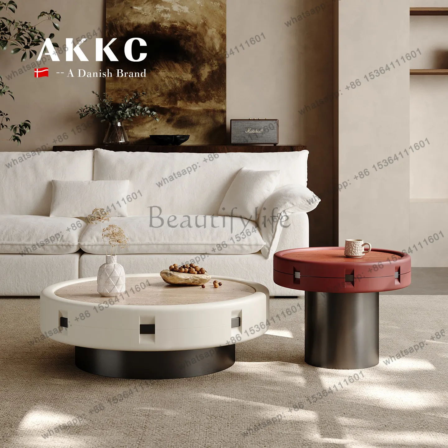 

Modern light luxury coffee table round natural yellow stone living room Italian high-end coffee table combination
