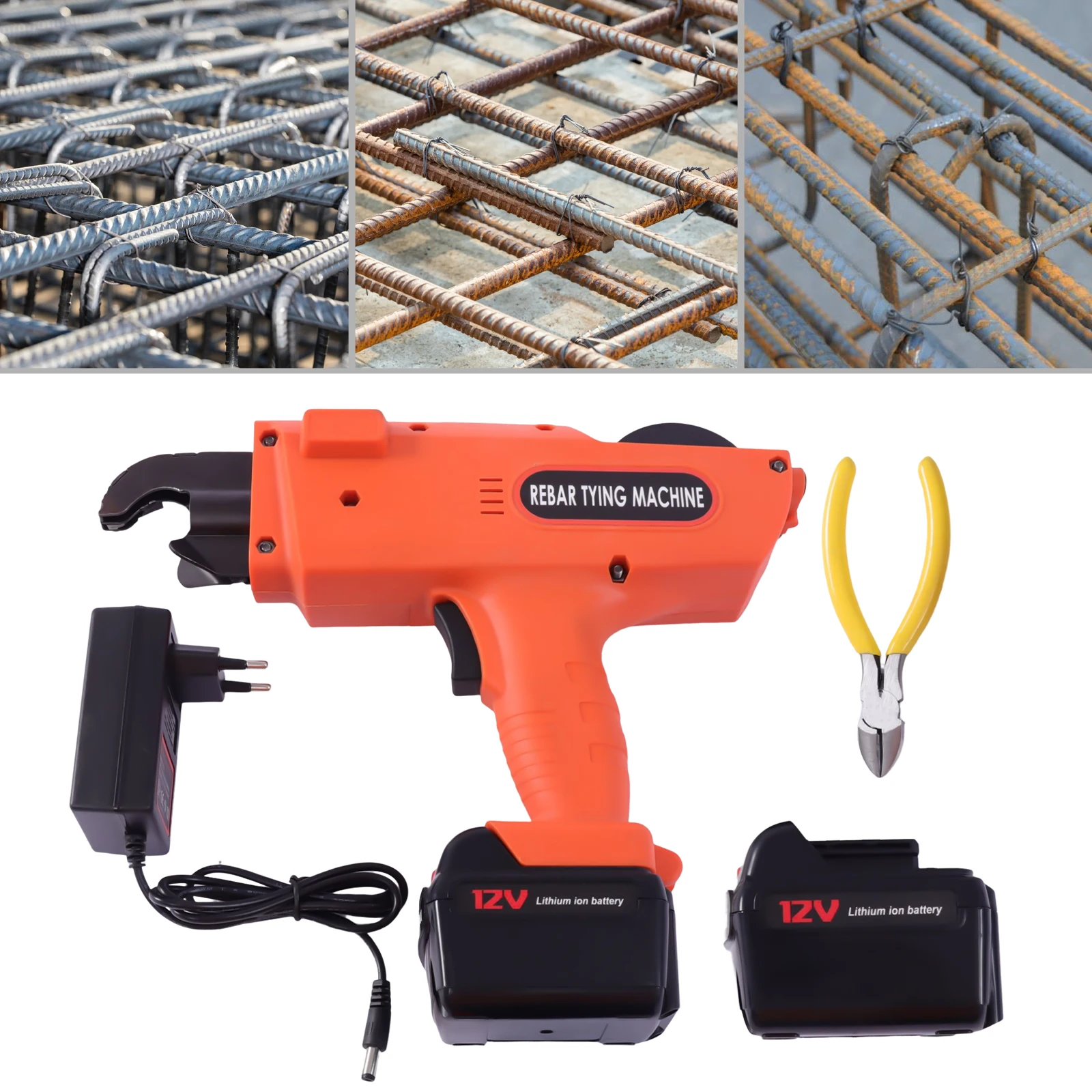 Elektrische Baubindemaschine, tragbares, automatisches, handgeführtes Werkzeug zum Binden von Bewehrungsstahl, geeignet für 6–25 mm, orange, für den Einsatz auf Baustellen, in Eisenbahnbetrieben, im Bergbau, auf Bauernhöfen, für Gartenzäune und unterbodenverlegte Rohrleitungen. – Detail 5
