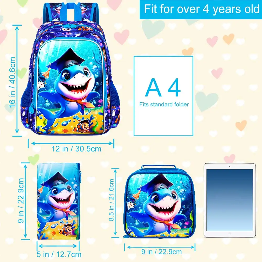 3 قطع حقائب ظهر للأولاد حقيبة كتب عاكسة لطيفة على شكل قرش للأطفال الابتدائية، مجموعة حقيبة ظهر للأطفال مع صندوق غداء
