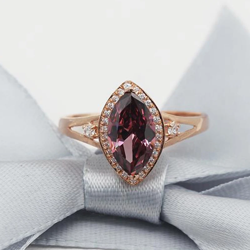 2022 new 585 purple gold 14K rose gold crystal card dark ruby marquise rings for women luxury jewelry wedding gift