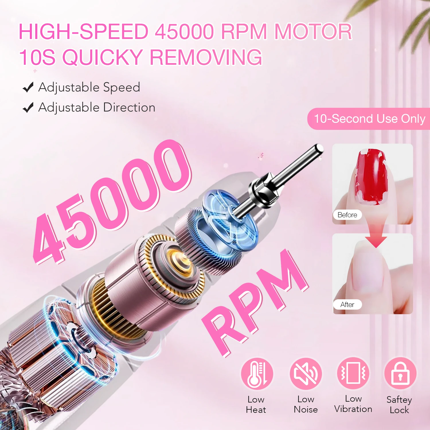 ماكينة حفر أظافر كهربائية احترافية قابلة لإعادة الشحن 45000 دورة في الدقيقة مع قاعدة مبرد أظافر لاسلكي محمول لإزالة أظافر جل الأكريليك #3