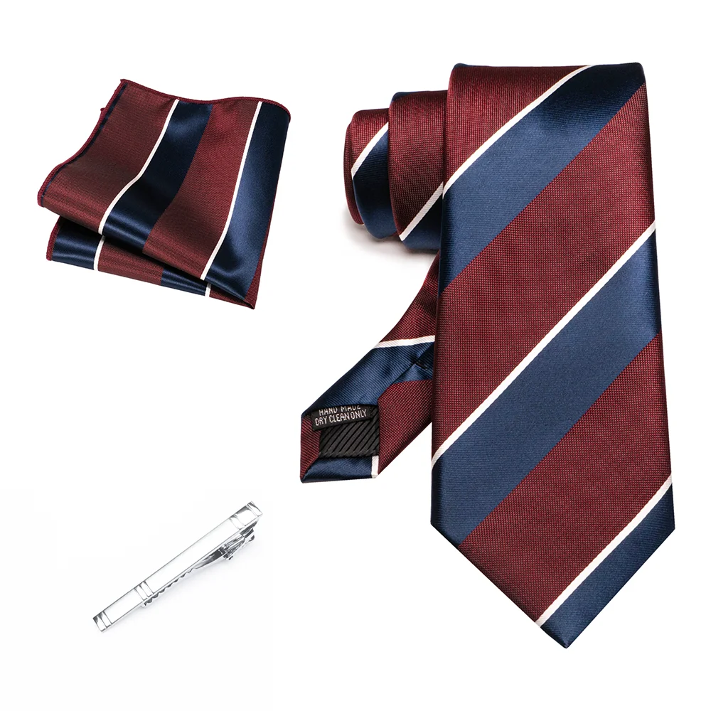 Herren Marineblau Krawatte Rot-Grün Gestreiftes Krawattenset Glänzender Clip Hochwertiges Einstecktuch für Business-Anzüge Anlässe Hochzeit Party – Detail 19