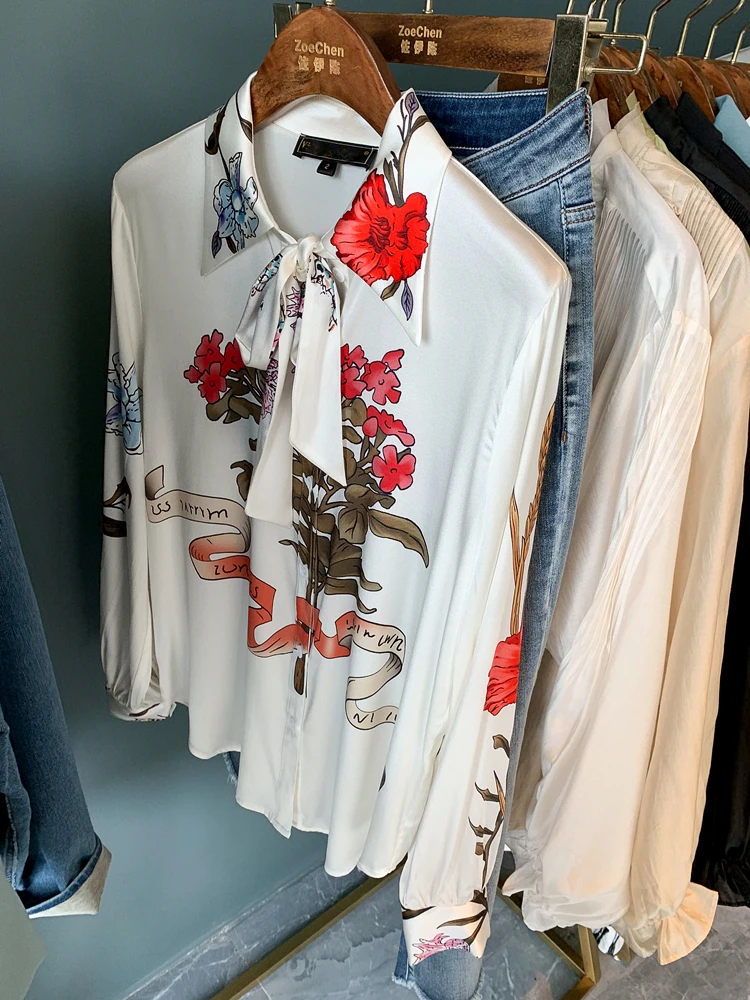 

Thiened Silk irt Women's 00 Silk Printed Long Sve Regular Fit Sweet Sle Straight Tube pe Summer irt