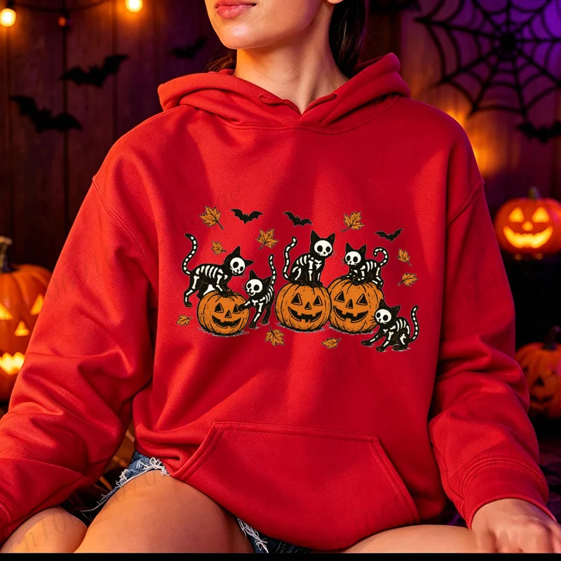 Fashion Women Hoodies Long Sleeve Streetwear Black Cat Pumpkin Graphic Hooded Hoodies Spooky Season Halloween Fall Sweatshirts