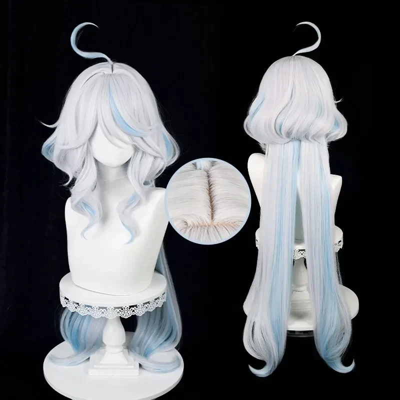 أنيمي فونتين Focalors شعر مستعار تأثيري طويل Furina الباروكات الأزرق الشظية مجعد النساء الباروكات مقاومة للحرارة خصلات الشعر المستعار
