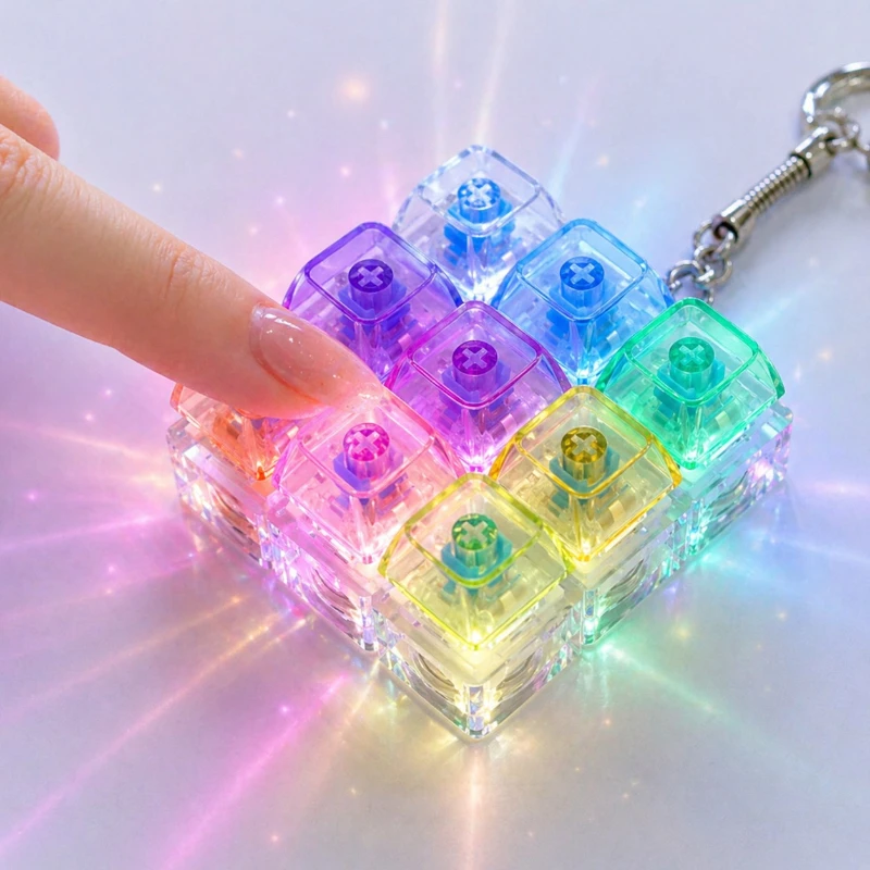 9keys LED Keyboard Keychain Mechanical Button Fidget Key Switch Caps Finger Toys Relief Stress Gifts Car Key Ring for Adults