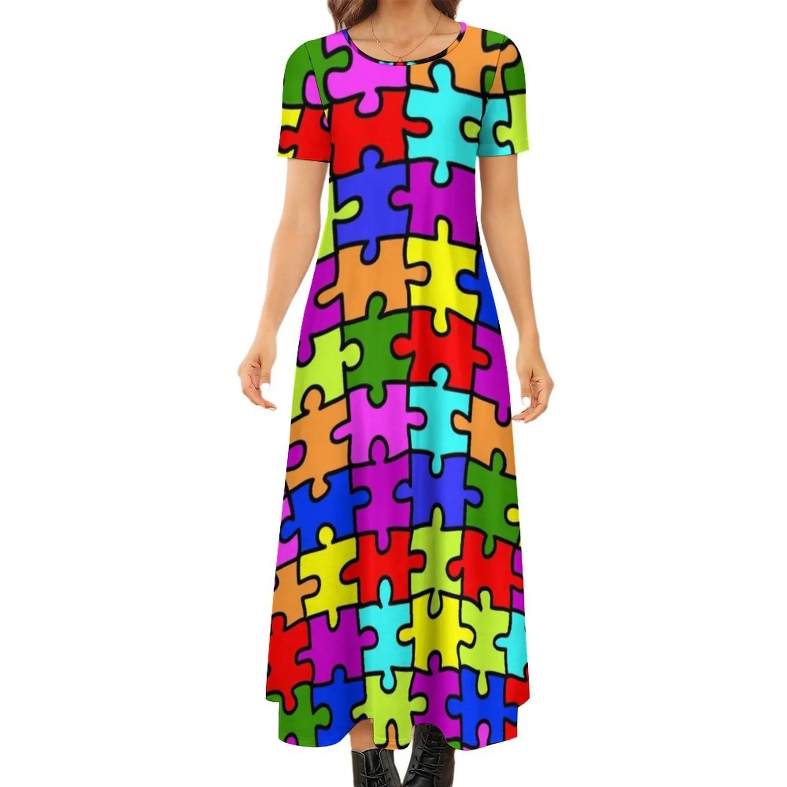 

Colorful rainbow jigsaw puzzle pattern- autism awareness Round Neck Short Sleeve Dress Long dress woman