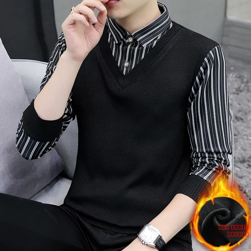 

Men's Knitted Sweater Winter Faion Ci Sle irt Collar Thiened Fce Long Sve Slim Fit Casual Stripe Knitwear
