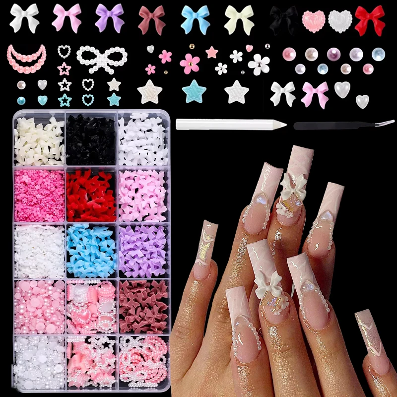 

1000Pcs/box Mixed Resin Bowknot Nail Art Decorations 3D Acrylic Charms Kawaii Colorful Bow Rhinestone DIY Manicure Tools