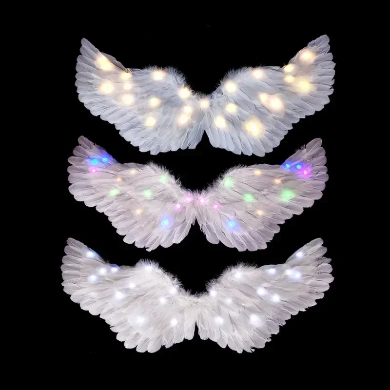 Adult Children LED Light Up Flashing White Feathers Angel Wings Performance Props Stage Shows Christmas