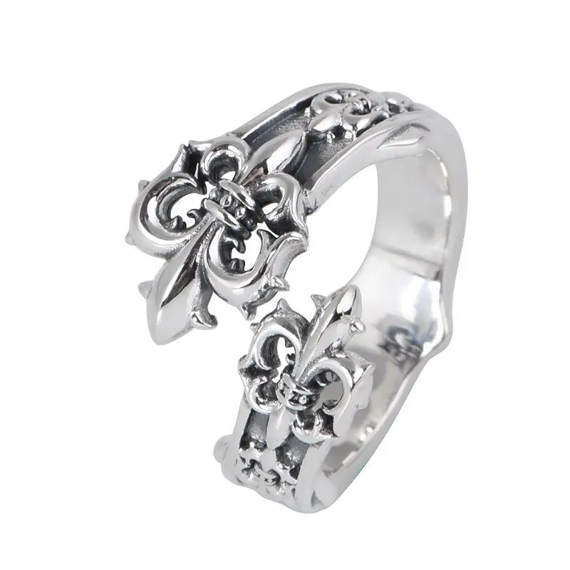 S925 sterling silver niche style open boat anchor ring flower-de-Luce crusader flower hip hop trend personality ring bracelet