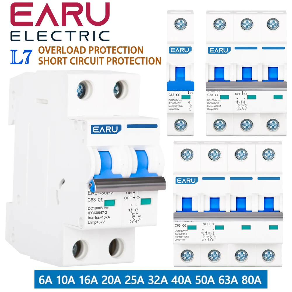 EARU L7 1/2/3/4P DC1000V AC400V 6A-80A MCB Solar Power PV Photovoltaic Circuit Breaker Over Load Short Circuit Protection Switch