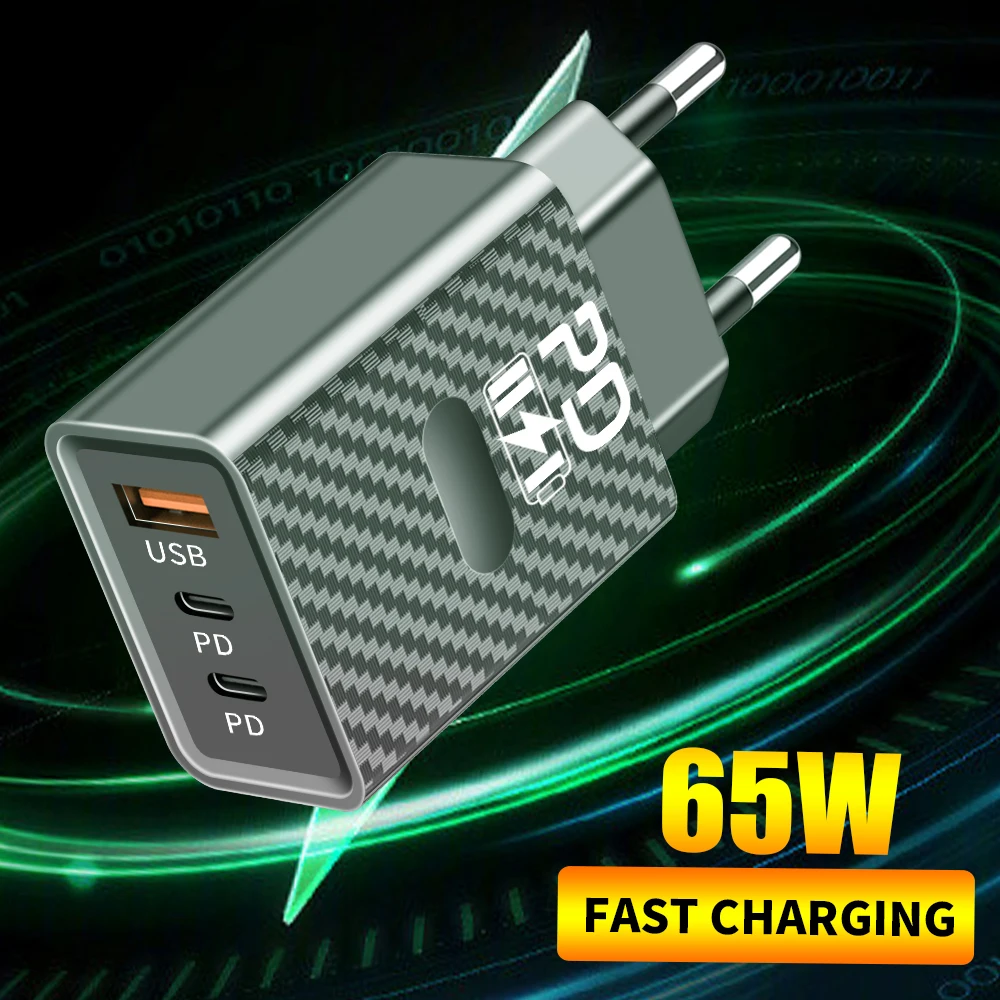 65W USB C Fast Charger PD 3.0 Type C Charging Adapter 2 Ports QC 3.0 EU/US Plug For iPhone 15 Pro Max Xiaomi 14 Samsung S24 iPad