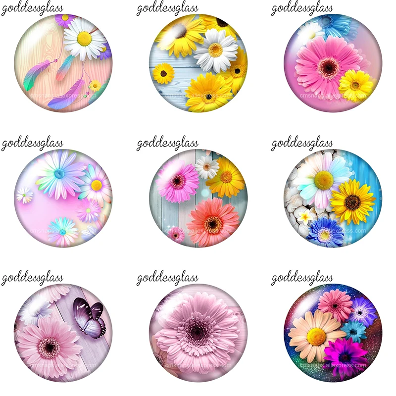 Beauty Sunflowers Drawing Style 10pcs 12mm/18mm/20mm/25mm Round Photo Glass Cabochon Flat Back Making Findings Snap Buttons