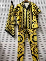 Retro-printed short-sleeved loose shirt with silk scarf summer new women's two-piece suit+elastic foot pencil pants fashion pant